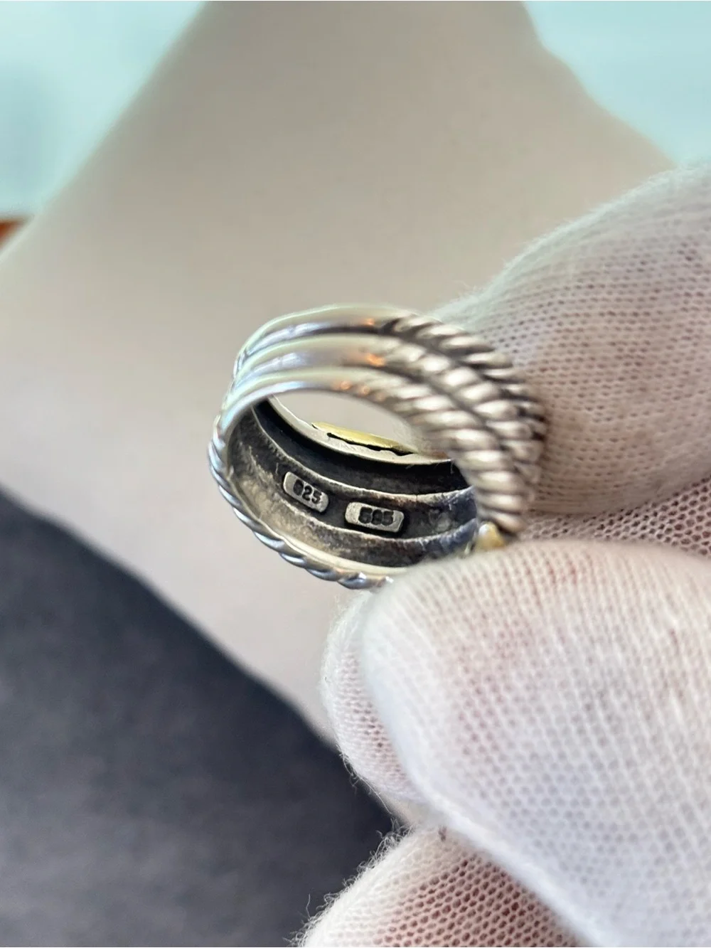 David Yurman 925 & 14k Gold Crossover Cable Ring 5